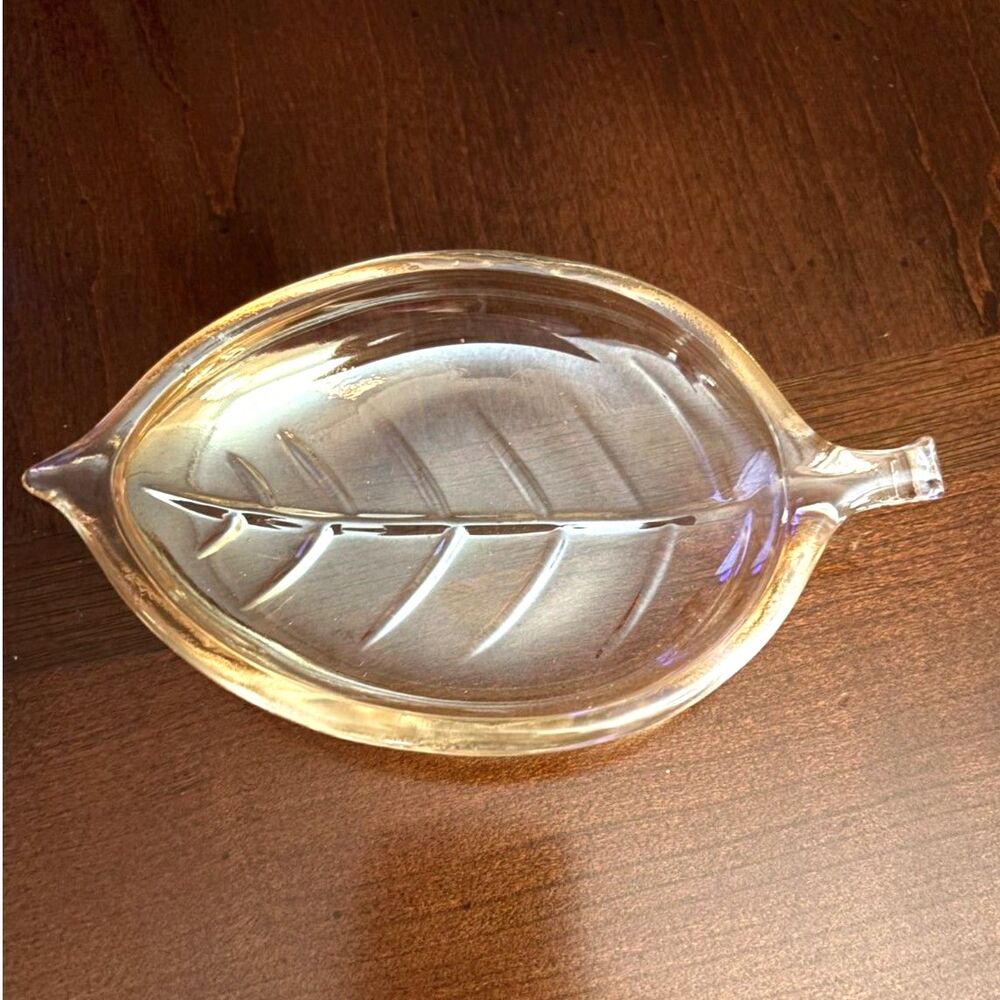 VTG Leaf Shaped Dish Amber Rim Pressed Glass Candy Dish Trinket Bowl Mid Century